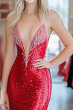 Sparkly Red Deep V Neck Sheath Sequins Prom Dress with Slit