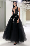 V-Neck Beaded Tulle Ball Gown Black Formal Dress