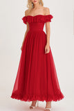 Red Off the Shoulder A-Line Formal Dress with Ruffles