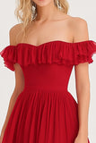 Red Off the Shoulder A-Line Formal Dress with Ruffles