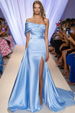 Light Blue Mermaid Satin Sweep Train Formal Dress with Slit