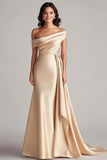 Champagne Satin Mermaid Sweep Train Formal Dress with Side Cape