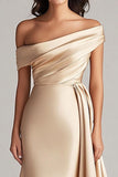 Champagne Satin Mermaid Sweep Train Formal Dress with Side Cape