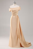 Champagne Satin Mermaid Sweep Train Formal Dress with Side Cape