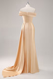 Champagne Satin Mermaid Sweep Train Formal Dress with Side Cape