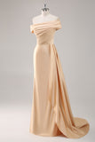 Champagne Satin Sheath Off the Shoulder Formal Dress with Side Cape