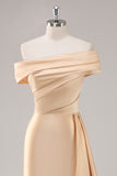 Champagne Satin Sheath Off the Shoulder Formal Dress with Side Cape