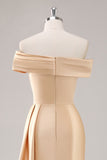 Champagne Satin Sheath Off the Shoulder Formal Dress with Side Cape