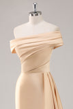 Champagne Satin Sheath Off the Shoulder Formal Dress with Side Cape