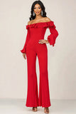 Red Off the Shoulder Ruffled Formal Jumpsuit