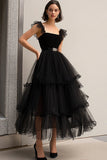 Black A-Line Tiered Tulle Formal Dress with Ruffles