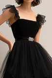 Black A-Line Tiered Tulle Formal Dress with Ruffles