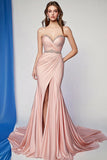 Blush Strapless Pleated Mermaid Sweep Train Formal Dress with Slit