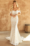 Boho White Off the Shoulder Lace Mermaid Wedding Dress