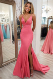 Coral V-Neck Satin Mermaid Sweep Train Prom Dress with Slit