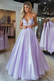 Light Purple A Line Pleated Spaghetti Straps Maxi Prom Dress