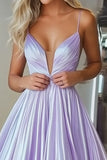 Light Purple A Line Pleated Spaghetti Straps Maxi Prom Dress