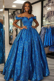 Princess Royal Blue Ball Gown Floral Off the Shoulder Maxi Prom Dress