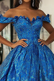 Princess Royal Blue Ball Gown Floral Off the Shoulder Maxi Prom Dress