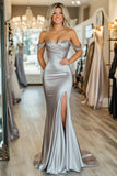 Silver Off the Shoulder Satin Sheath Prom Dress with Slit