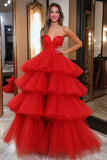 Red Sweetheart Ball Gown Tulle Tiered Maxi Prom Dress