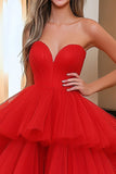 Red Sweetheart Ball Gown Tulle Tiered Maxi Prom Dress