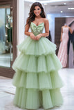 Dusty Sage Princess Ball Gown Tulle Strapless Prom Dress with Bow