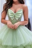 Dusty Sage Princess Ball Gown Tulle Strapless Prom Dress with Bow