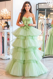 Dusty Sage Ball Gown Tiered Sweetheart Strapless Bow Prom Dress