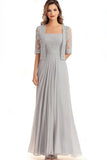 Silver Square Neck Lace Applique Mother of the Bride Dress