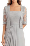 Silver Square Neck Lace Applique Mother of the Bride Dress