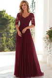 Burgundy A-Line Chiffon Mother of the Bride Dress with Lace Applique