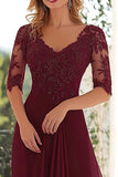 Burgundy A-Line Chiffon Mother of the Bride Dress with Lace Applique