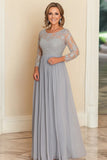 Silver A-Line Scoop Neck Mother of the Bride Dress with Lace Applique