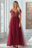 Elegant Burgundy Off The Shoulder A Line Tulle Mother of the Bride Dress