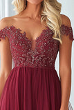 Elegant Burgundy Off The Shoulder A Line Tulle Mother of the Bride Dress