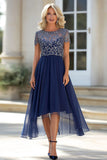 Navy Scoop Neck Tulle Applique A Line Mother of the Bride Dress with Short Sleeves