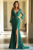 Dark Green Sheath Lace Applique Mother of the Bride Dress with Slit