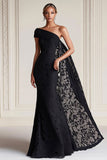 Black One Shoulder Sheath Mother of the Bride Dress with Cape