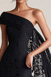 Black One Shoulder Sheath Mother of the Bride Dress with Cape