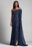 Navy Beaded One Shoulder Sheath Mother of the Bride Dress with Cape