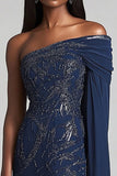 Navy Beaded One Shoulder Sheath Mother of the Bride Dress with Cape