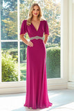 Fuchsia Chiffon V-Neck Sheath Mother of the Bride Dress with Rhinestone