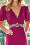 Fuchsia Chiffon V-Neck Sheath Mother of the Bride Dress with Rhinestone