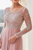 Elegant Lace Blush Scoop Neck A Line Mother of the Bride Dress with Applique