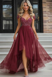 Flowy High-Low Burgundy A Line Mother of the Bride Dress with Appliques