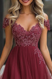 Flowy High-Low Burgundy A Line Mother of the Bride Dress with Appliques