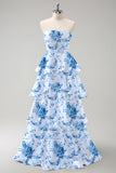 White Blue Floral Strapless A-Line Tiered Bridesmaid Dress