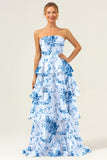 A-Line White Blue Floral Strapless Tiered Maxi Bridesmaid Dress