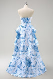 White Blue Floral Strapless A-Line Tiered Bridesmaid Dress